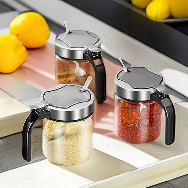 300ml Glass Seasoning Jar Stainless Steel Lid With Spoon Condiment Bottle Salt Shaker Kitchen Supplies Storage Set Spice Boxes Y Zpaxo