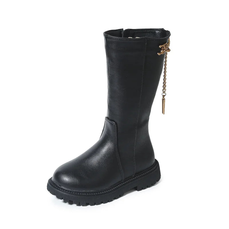 Winter Girl's Long Boots Black Pu Leather Platform Plush Trendy Zpaxo Black plus velvet 27(insole16.6cm) China Mainland