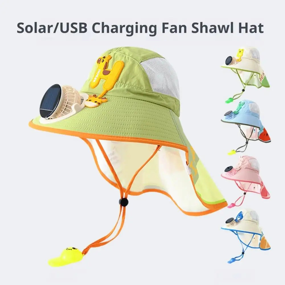 Kids Solar & USB Charging Fan Sun Hat Summer Breathable Mesh, Wide Brim UV Protection Sun Hat for Boys and Girls with Neck Cover Zpaxo