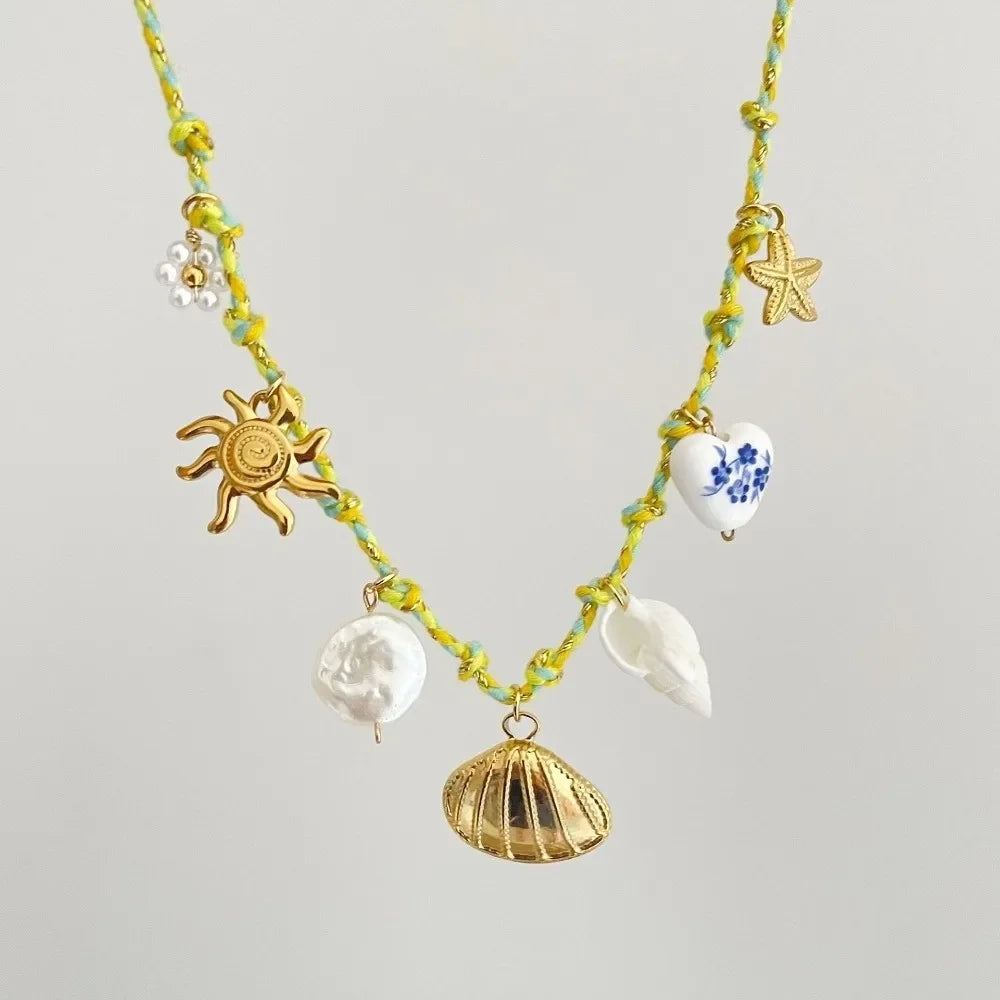 New Boho Knotting Rope Chain Necklace Starfish Sun Charm Pearl Pendant Necklace Turtle Clavicle Chain Beach Zpaxo Q