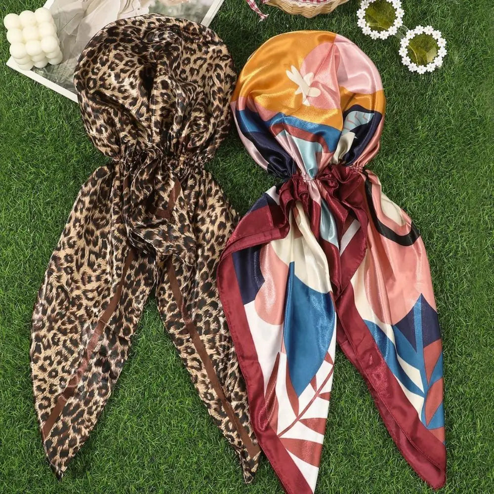 Leopard Print Print Turban Hat Elegant Thin Breathable Women Head Scarf Windproof Satin Silk Scarves Summer Accessories Zpaxo