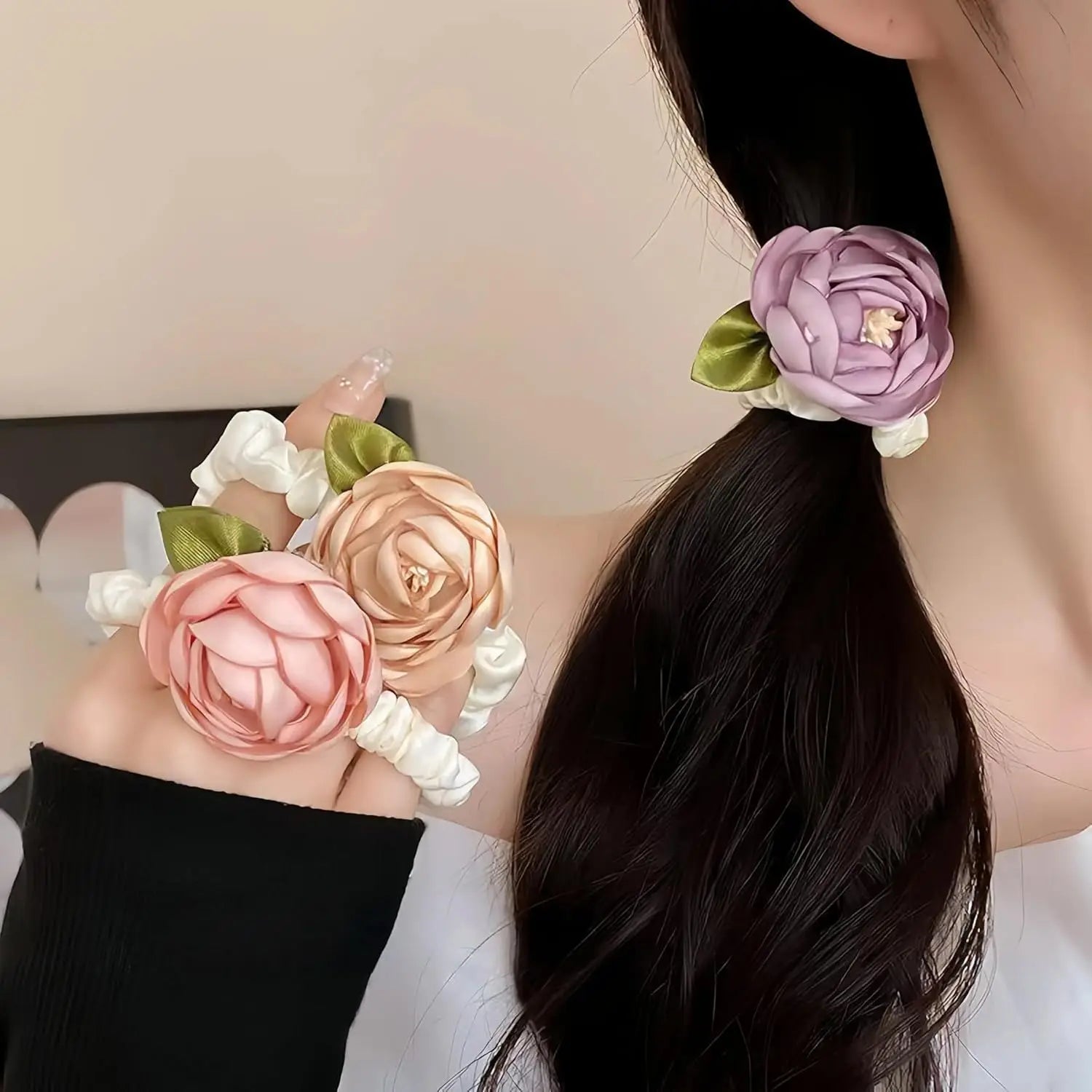 Flower Hair Scrunchies for Women – No-Slip Ponytail Holders