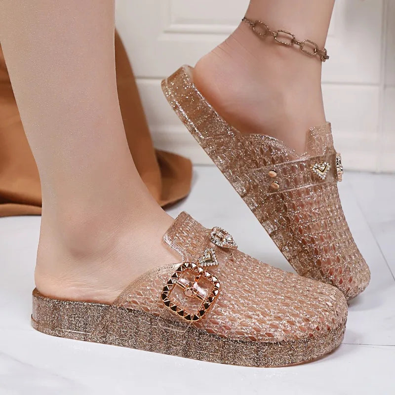 2026 Summer Women's Flat Transparent Closed Toe Slippers Hollow Out Zpaxo