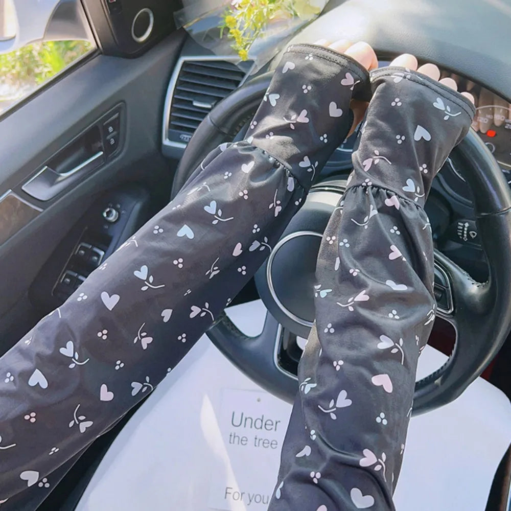 Breathable Ice Silk Sleeve Loose Fit Love Flower Print Sun Protection Sleeves Cooling Material UV Protection Sleeves Cycling Zpaxo Black