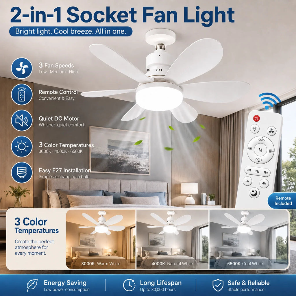 E27 LED Ceiling Fan Light with Remote 3 Color Dimmable Fan Lamp 3000K-6500K for Bedroom Living Room Kitchen Zpaxo