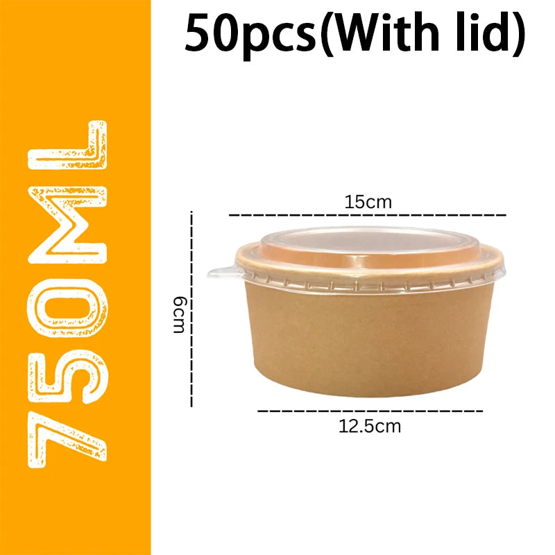 50-Pack 750mldisposable Salad Bowls Kraft Paper Transparent Lids Zpaxo 750ml x 50