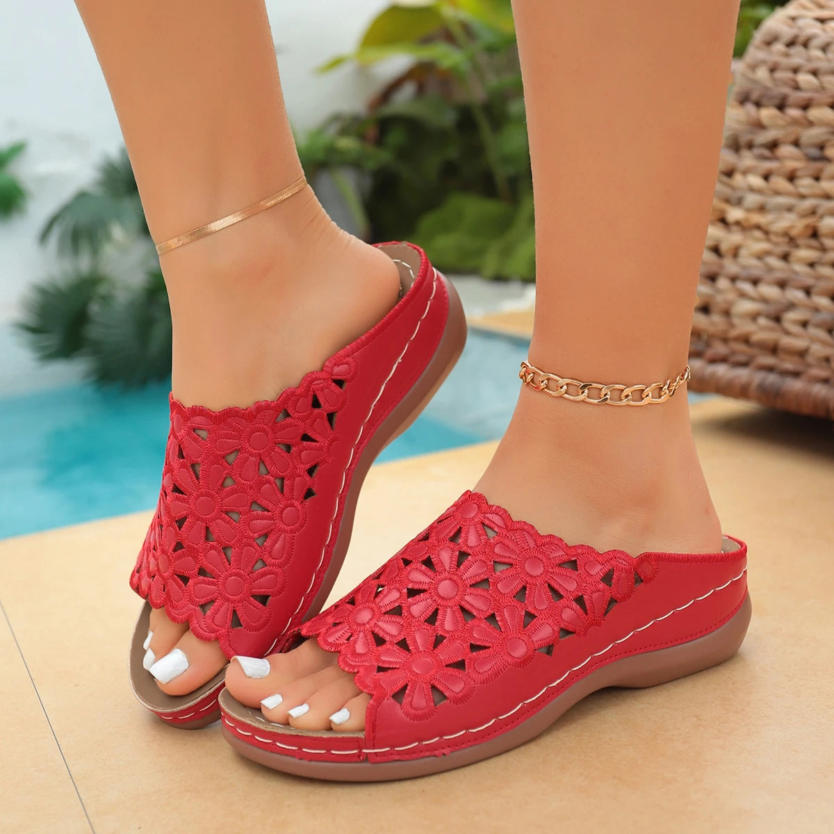 Women Slippers 2026 Fashion Plus Size Hollow Slippers Women Summer Soft Sole Med Heel Sandals Arch Support Peep Toe Slides Women Zpaxo