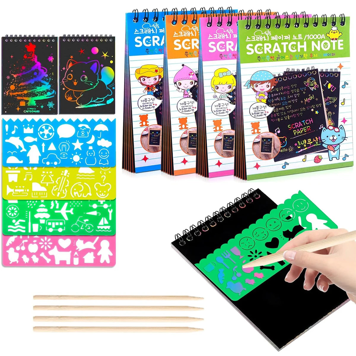 12-Piece Scratch Art Set – Rainbow Notebooks, Stencils & Stylus