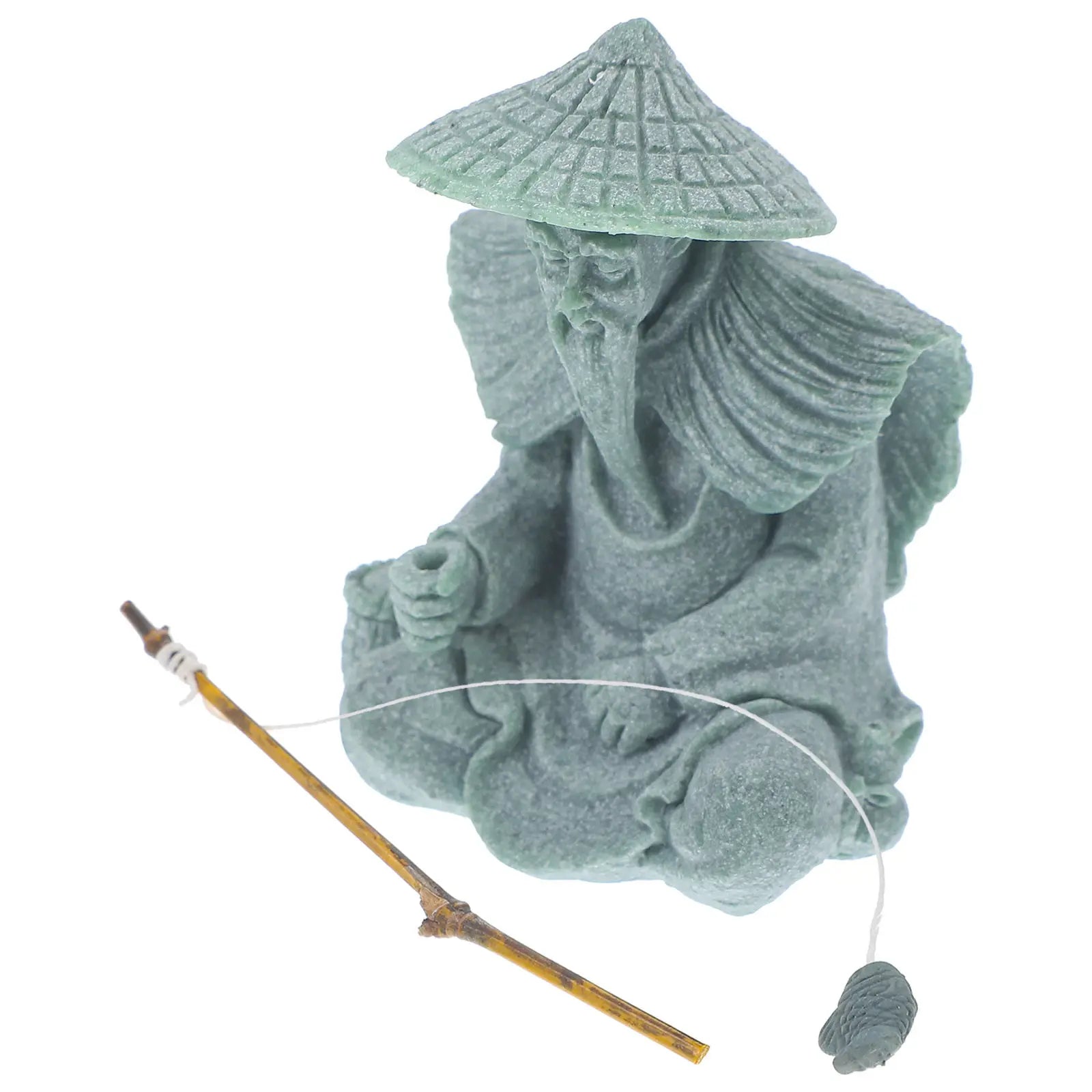 Small Sandstone Fisherman Statue Aquarium Decor Fish Tank Micro
