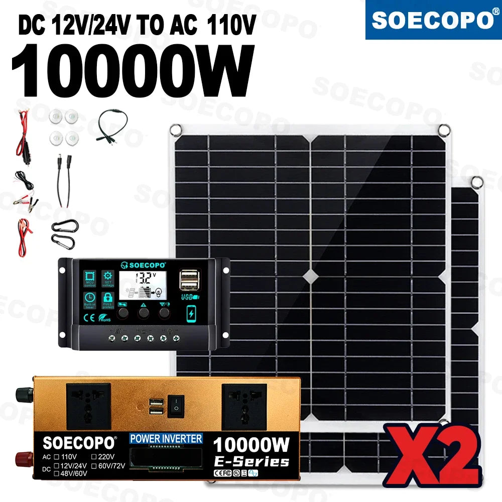 10000W Complete Off-Grid Kit Solar Panel + Controller + Smart Inverter 12V/24V to 110V/220V Emergency Backup for Home RV Camping Zpaxo 110V Solar Set