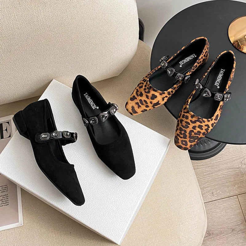 Pumps Shoes Women 2025 Spring Autumn Square Toe Love Leopard Pattern Diamond Belt Shallow Mouth Mary Jane Single Shoes for Women Zpaxo