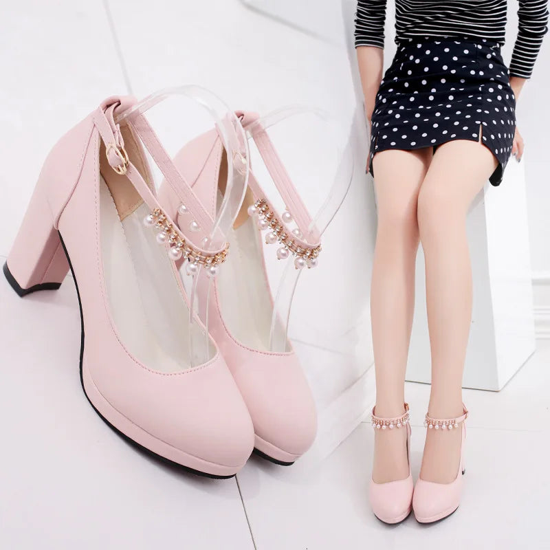 Women's Wedding Shoes String Bead Ankle Strap Elegant Middle Heel Zpaxo
