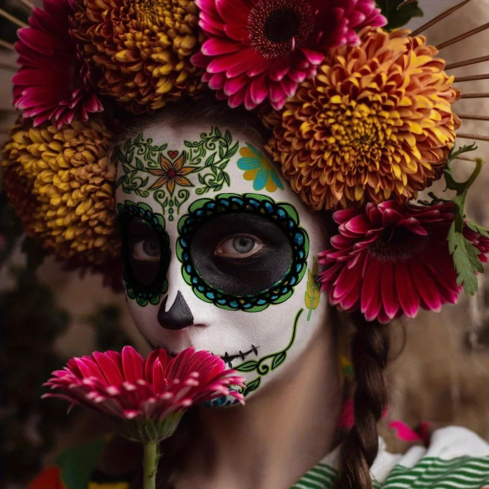 Day Dead Face Tattoos Sugar Skull Red Roses Halloween Stickers Makeup
