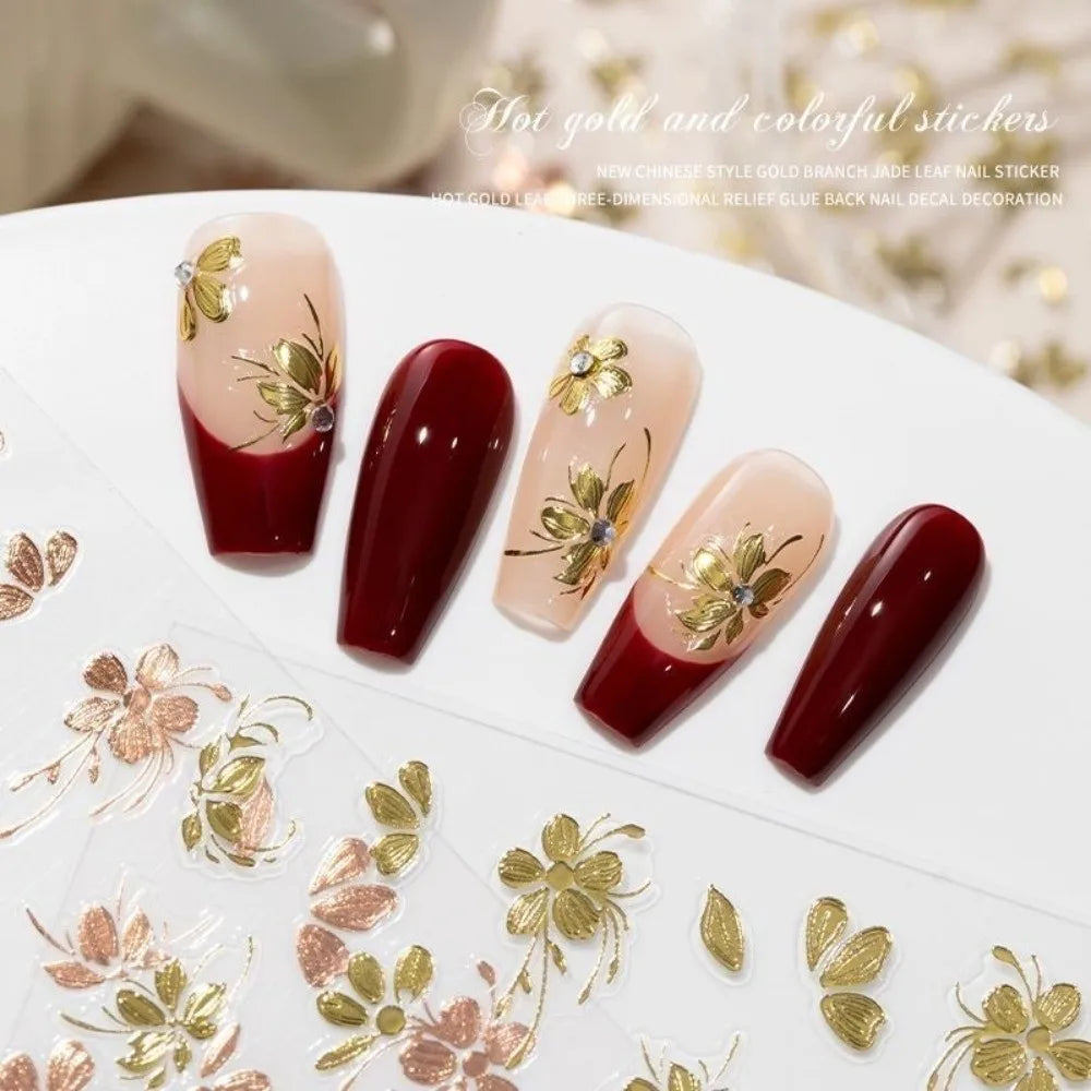 Gold Flower 3D Nail Sticker Adhesive Press on Nail Floral Relief Nail Sticker Lasting Flowers Nail Art Decal Nail Art Decoration Zpaxo