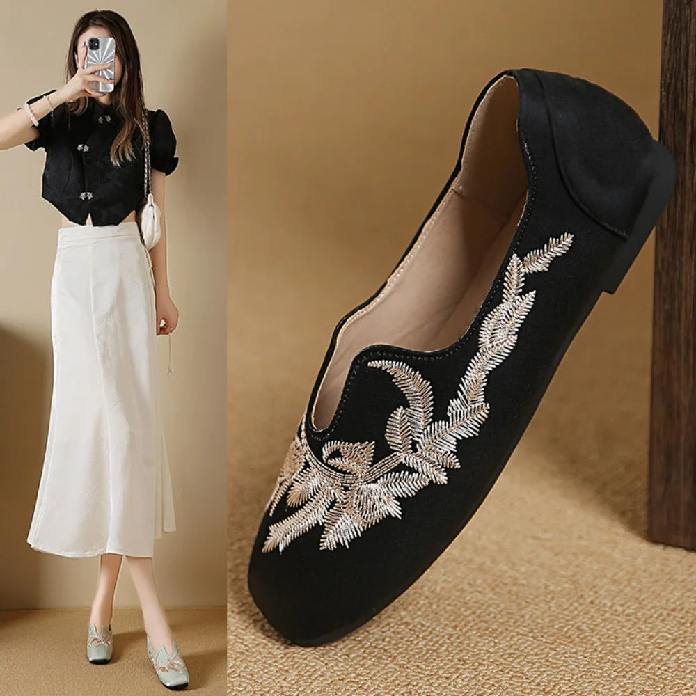 Womens Square Toe Embroidery Loafers Shoes Flats Moccasins Casual