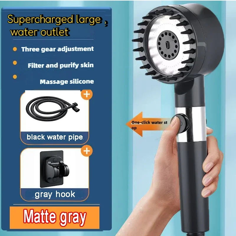 Black High Pressure Shower Head Rainfall 3 Modes Adjustable Boost Filter Holder One Click Water Stop Bathroom Accessories Zpaxo style11