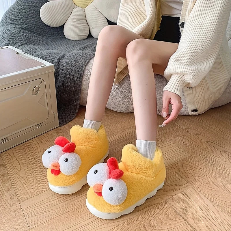SHAJI Unisex Funny Big-eyed Chicken Plush Slippers Winter Warm Thick