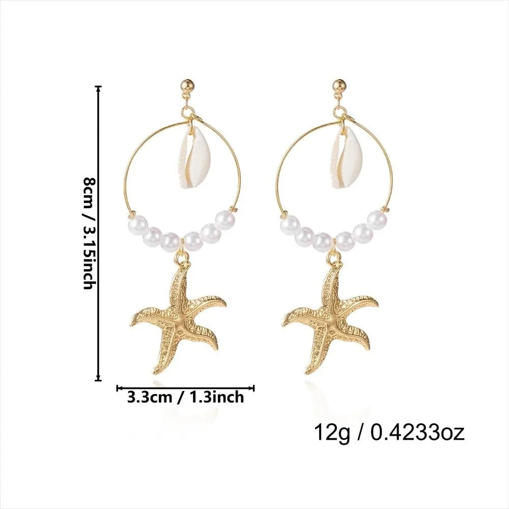 Summer Handmade Woven Hoop Earrings Boho Style Beaded Drop Earrings with Spotted Shell Beach Vacation Ear Pendant Women Jewelry Zpaxo