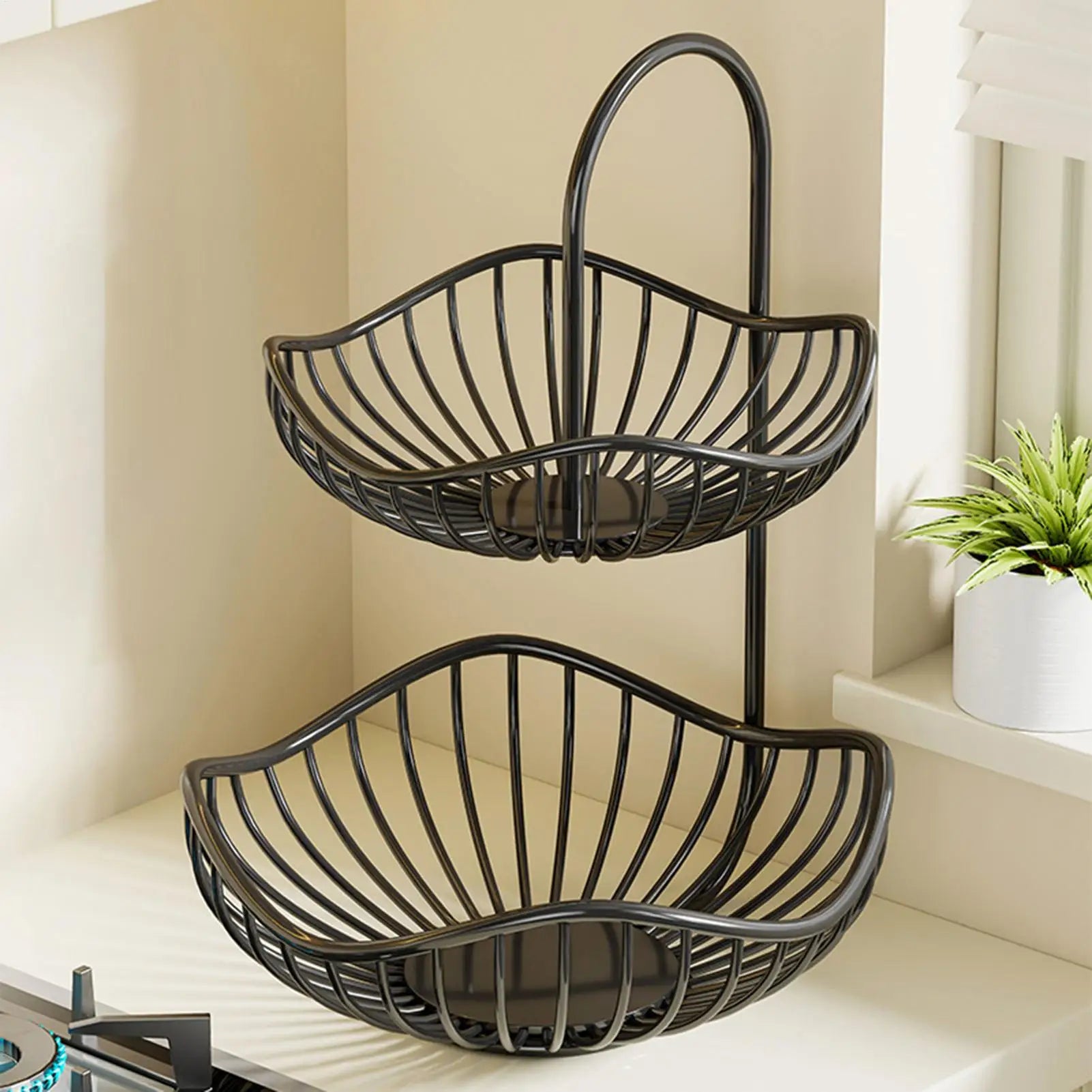 Two Tier Fruit Basket Modern Metal Black Storage Organizer Countertop
