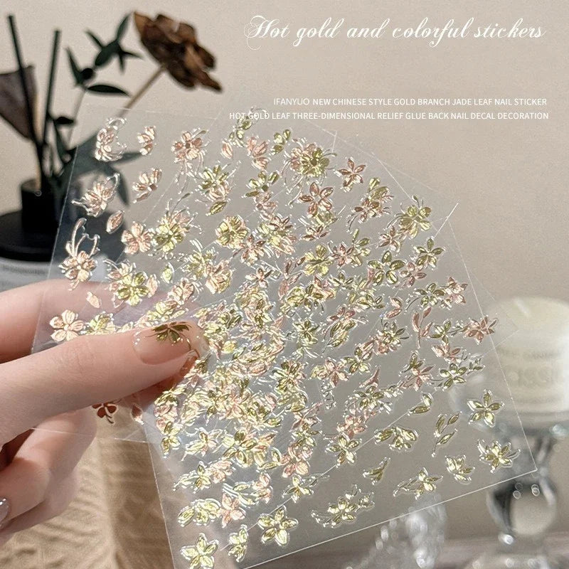 1/4 Sheets 3D Rose Gold Flower Nail Art Stickers Ultra-thin Self-Adhesive High Quality New Gold DIY Decals Manicure Decoration Zpaxo