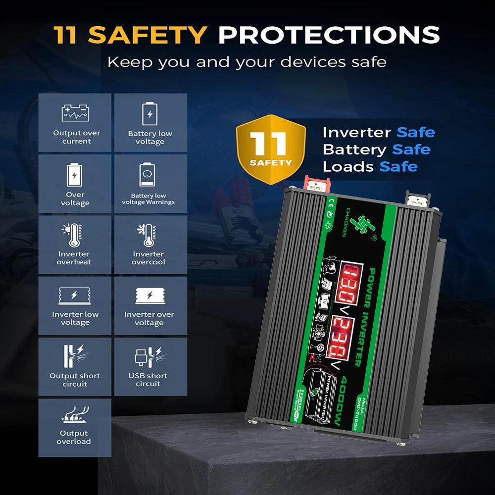 4000W DC 12V AC 110V 220V Dual USB LCD Display Solar Inverters