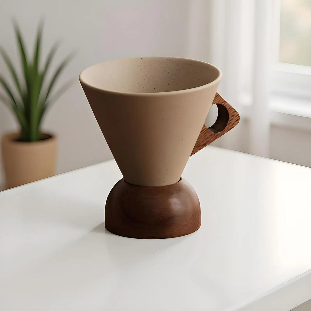 Cone Mug Retro Ceramic Drinkware Tea Cup Wooden Handle Base Coffee