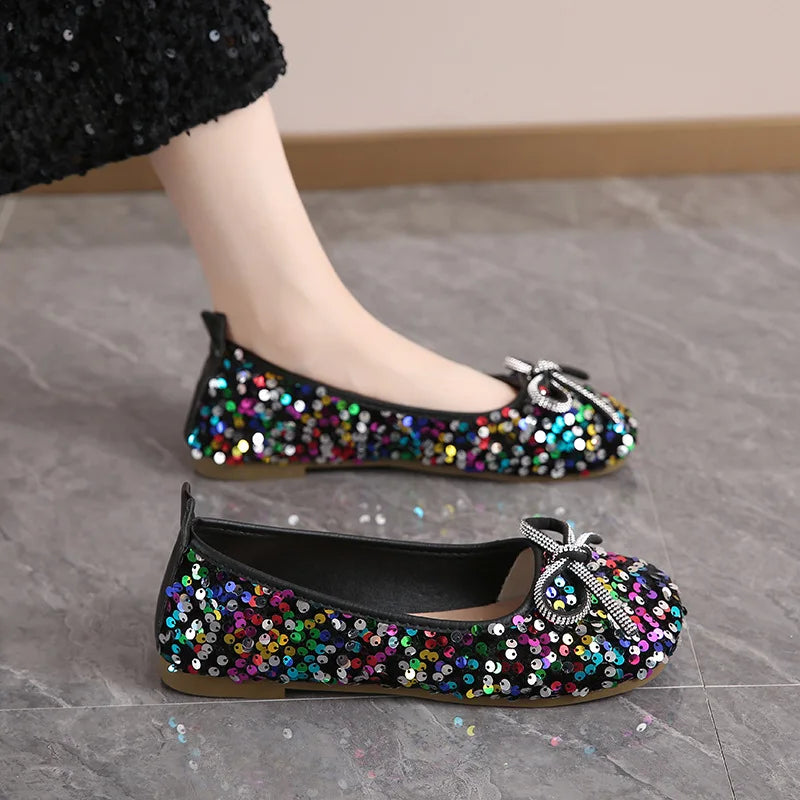 2026 Women Bling Flats Shoes Casual Walking Spring Round Toe Bowtie