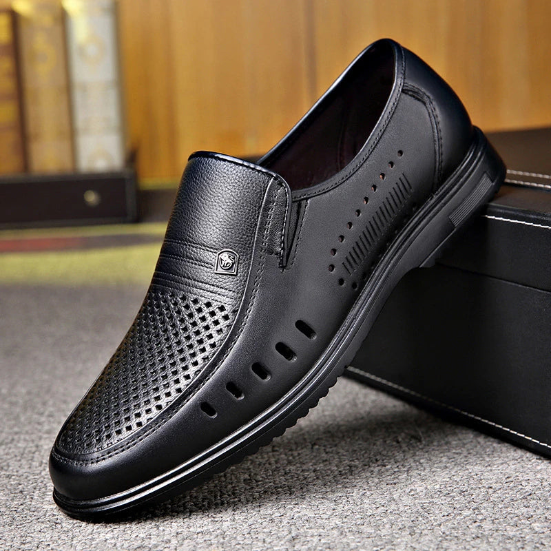 Mens Black Leather Perforated Slip Loafers Breathable Soft Sole Zpaxo