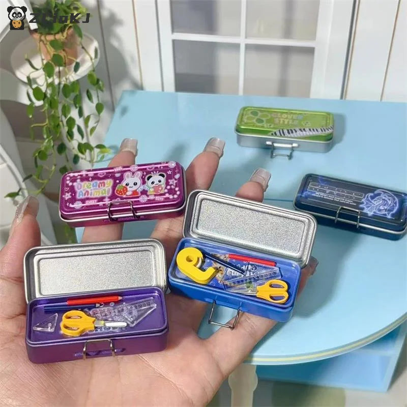 ▶Dollhouse Miniature Double Layer Iron Pencil Box Pen Ruler Measuring Tape Scissors Model Micro Landscape Decor Pretend Play Toy Zpaxo