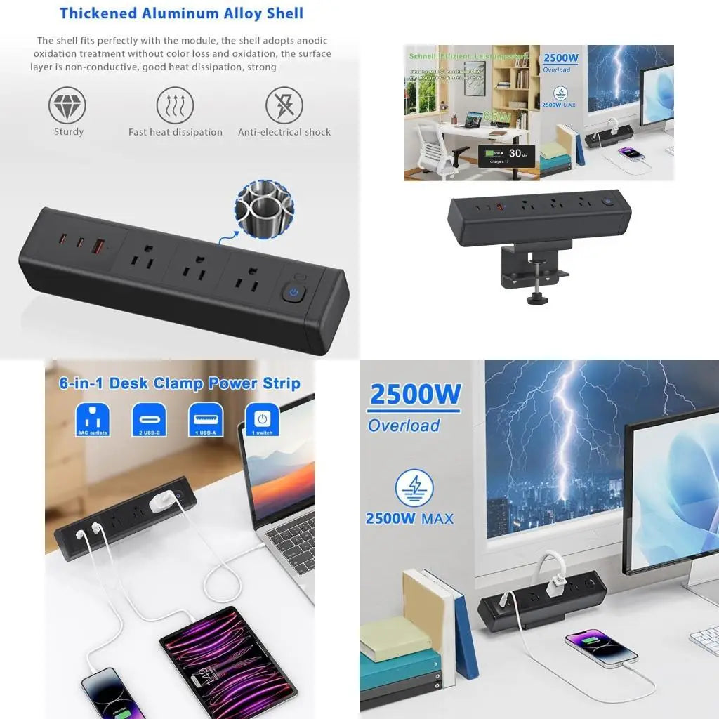 Y1UB Multidevice Charging Hubs 65W USB C Fast 3AC Outlets Clamp Desk