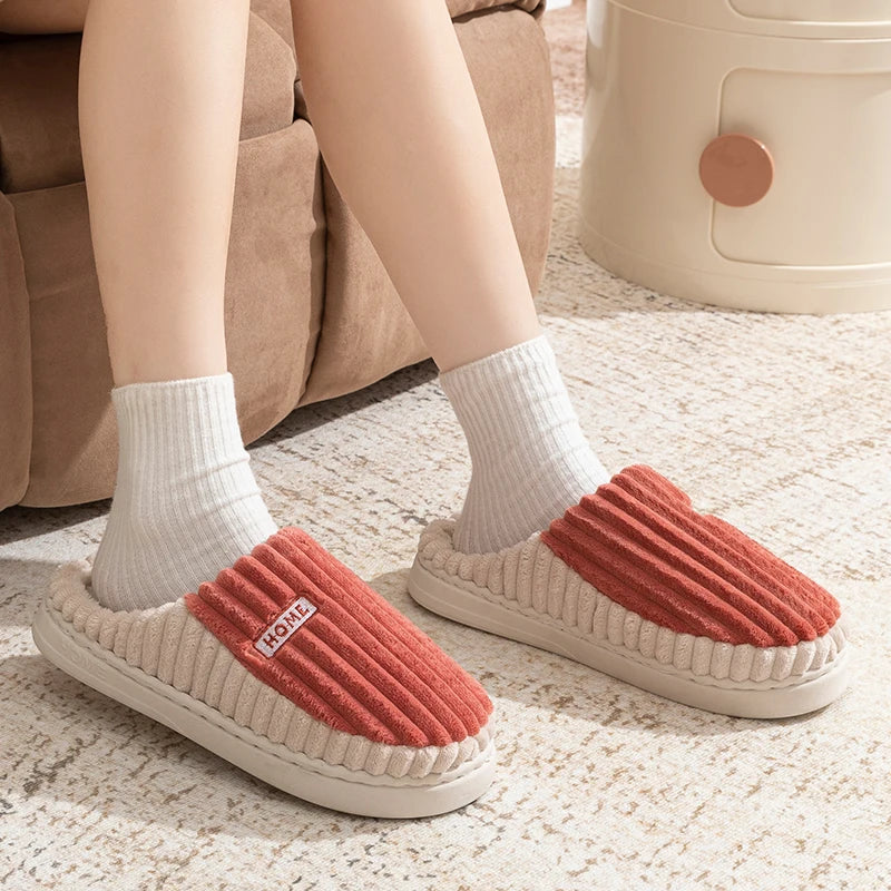Cotton Slippers Women Men Winter Home Striped Warm Anti Slip Slides