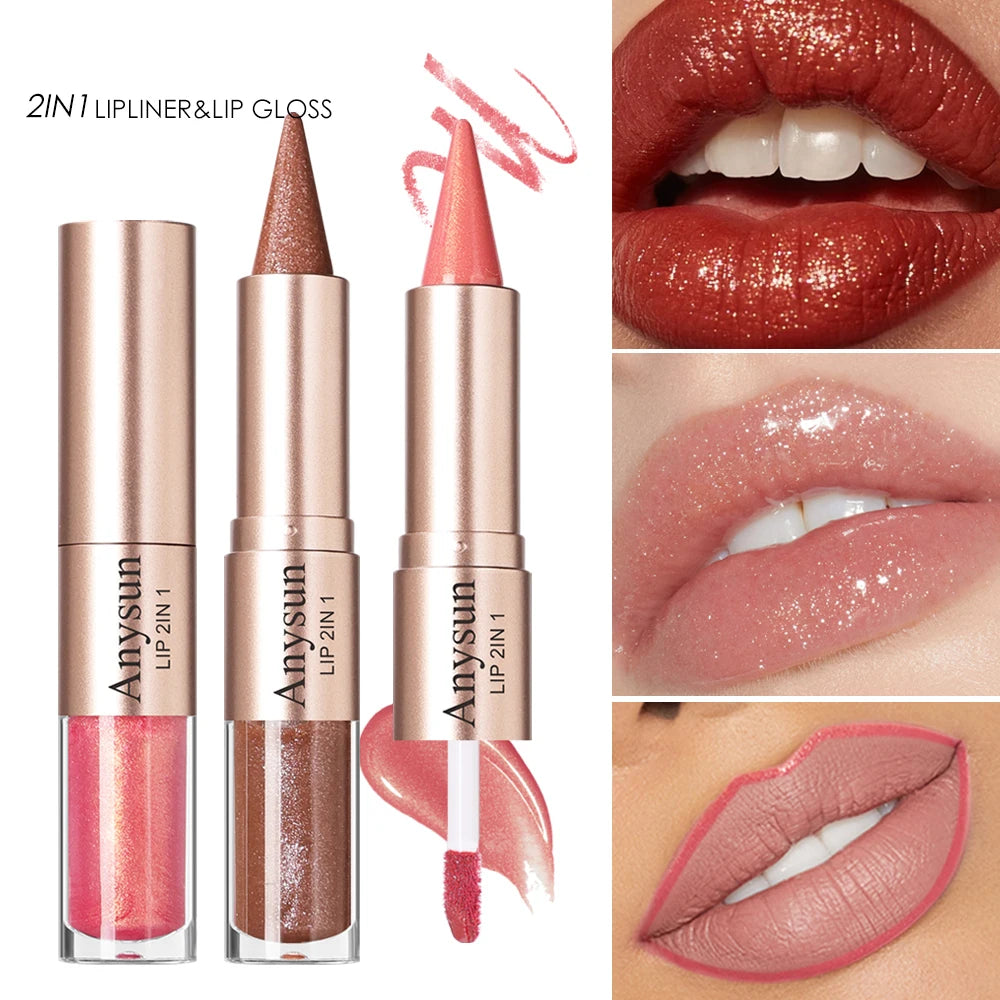 Double Head 2-in-1 Lip Liner+lip Gloss Waterproof Durable Fine Shiny