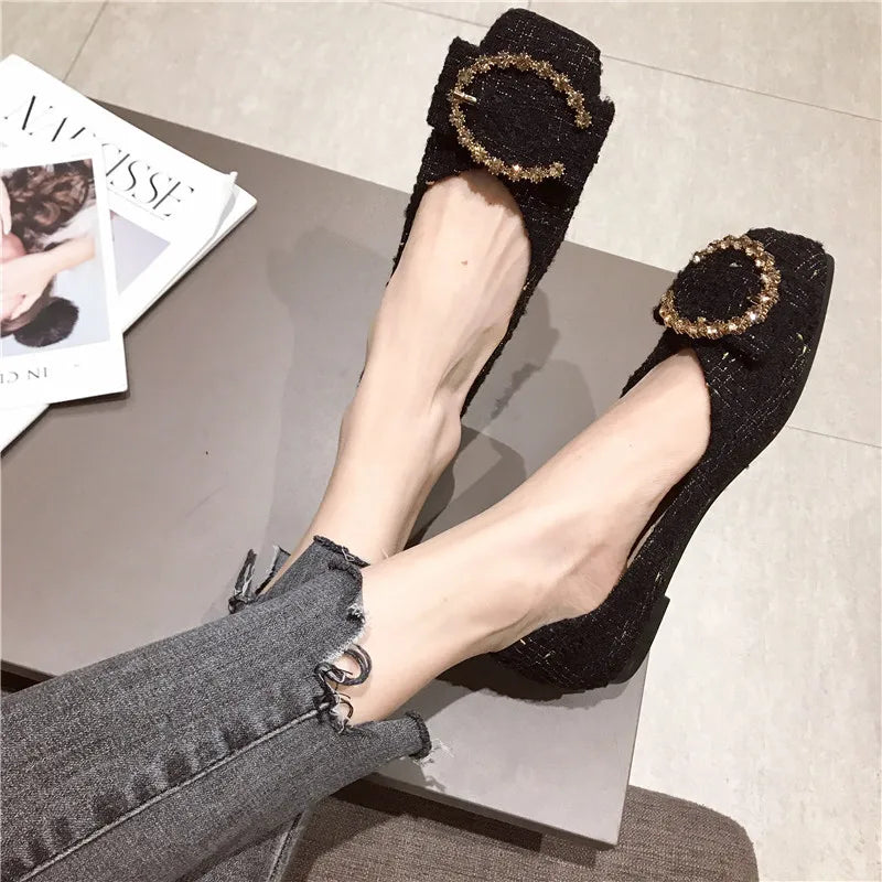 Flats Shoes for Women 2023 Spring Autumn New Women's Shoes Cloth Top Metal Buckle Shallow Mouth Square Head Flat Shoes Women Zpaxo