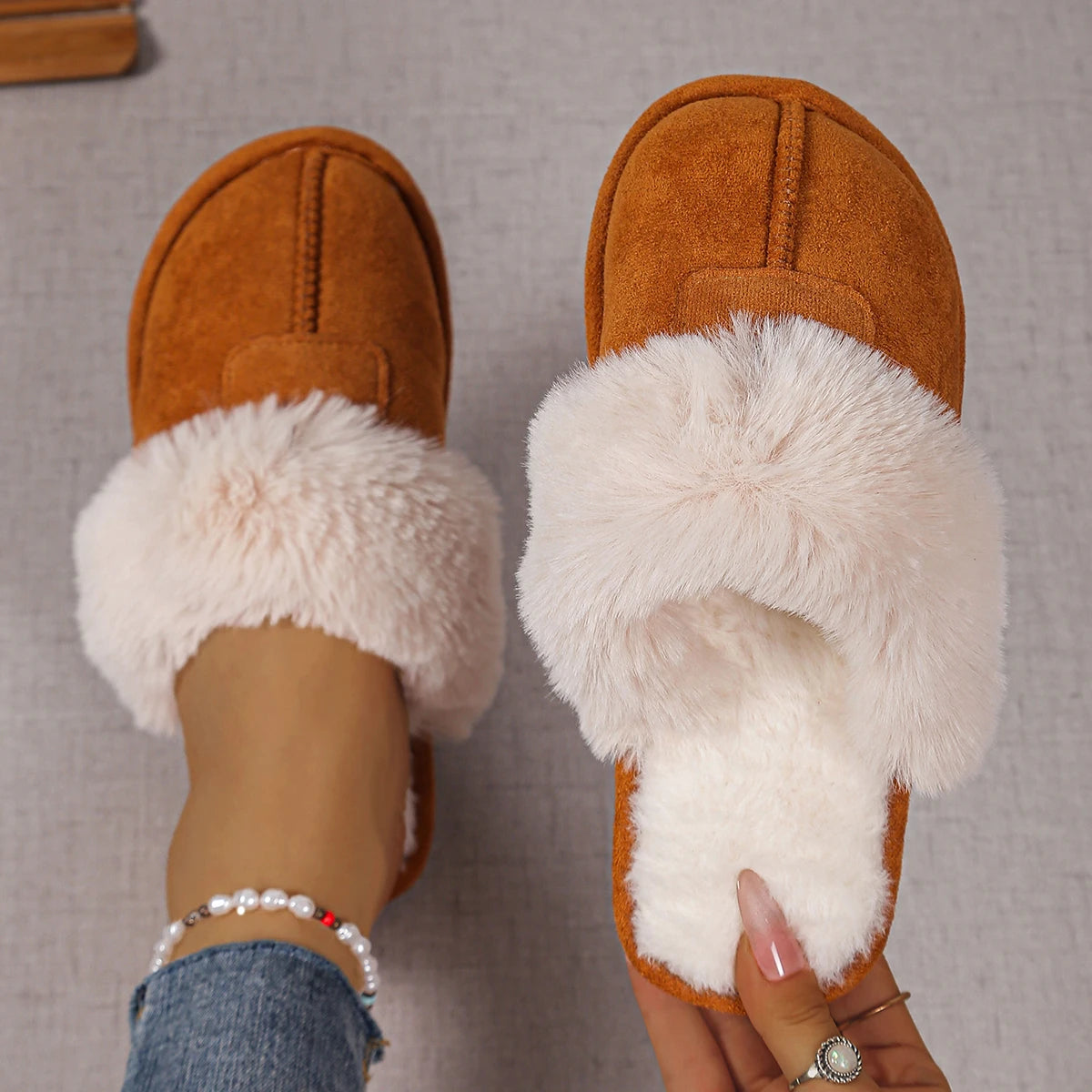 Woman Cotton Slippers 2025 New Closed Toe Warm Slippers Women Thicken Plush Winter Home Shoes Lightweight Indoor Slides Woman Zpaxo Brown 36-37