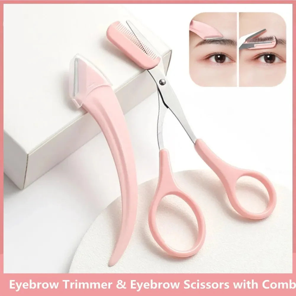 Women Eyebrow Scissors Comb Brow Trimmer Scraper Trimming Knife Face