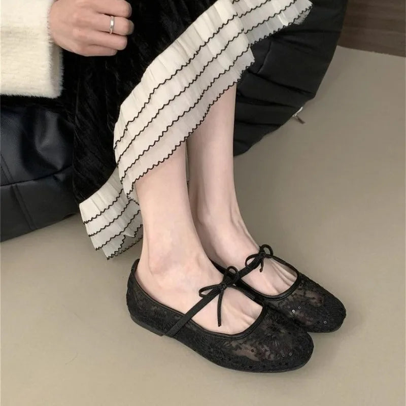 Mesh Lace Inner Heightening Women's Shoes Summer New Sexy Square Head Shallow Breathable Ballet Shoes Bow Flat Shoes Zpaxo 40 black