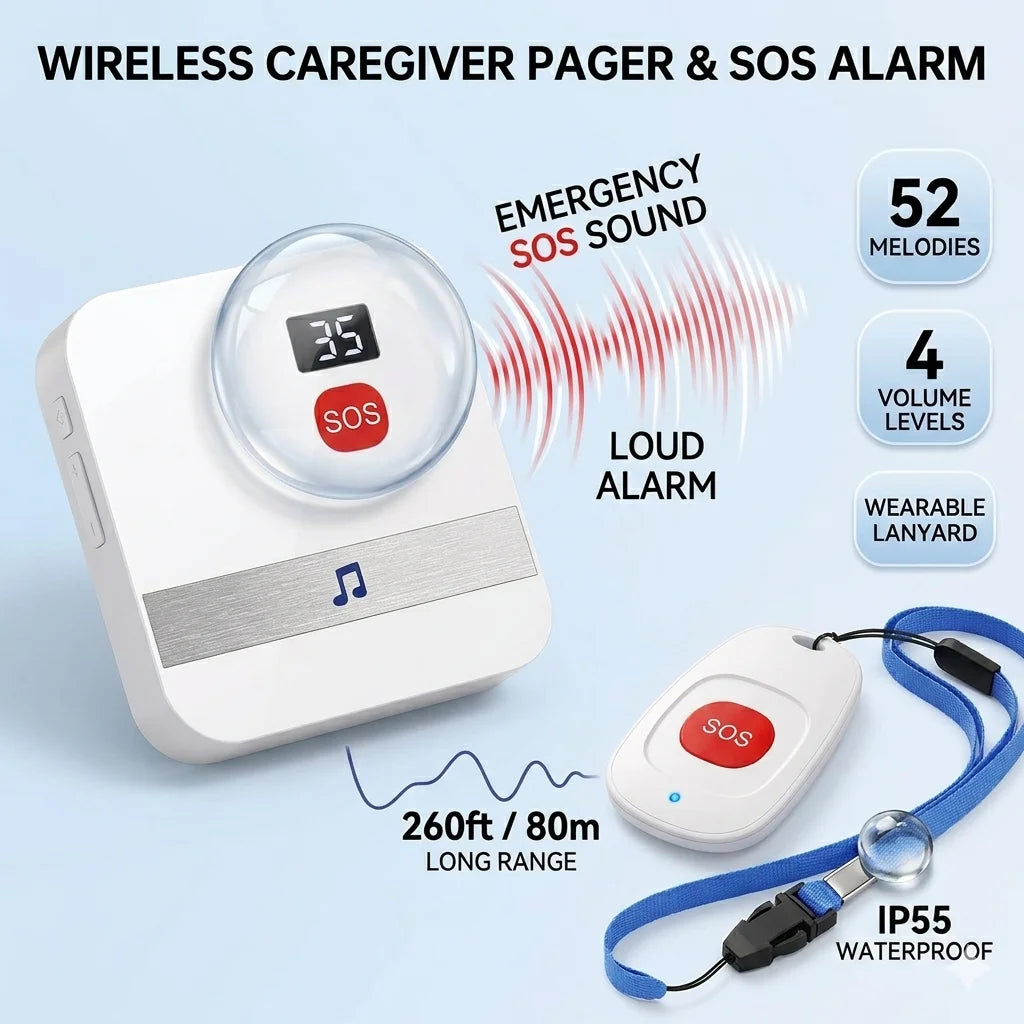 Smart Home Wireless 300M Doorbell Emergency Alarm with Remote Lanyard SOS Button for Elderly People Wireless Pager Doorbell Zpaxo