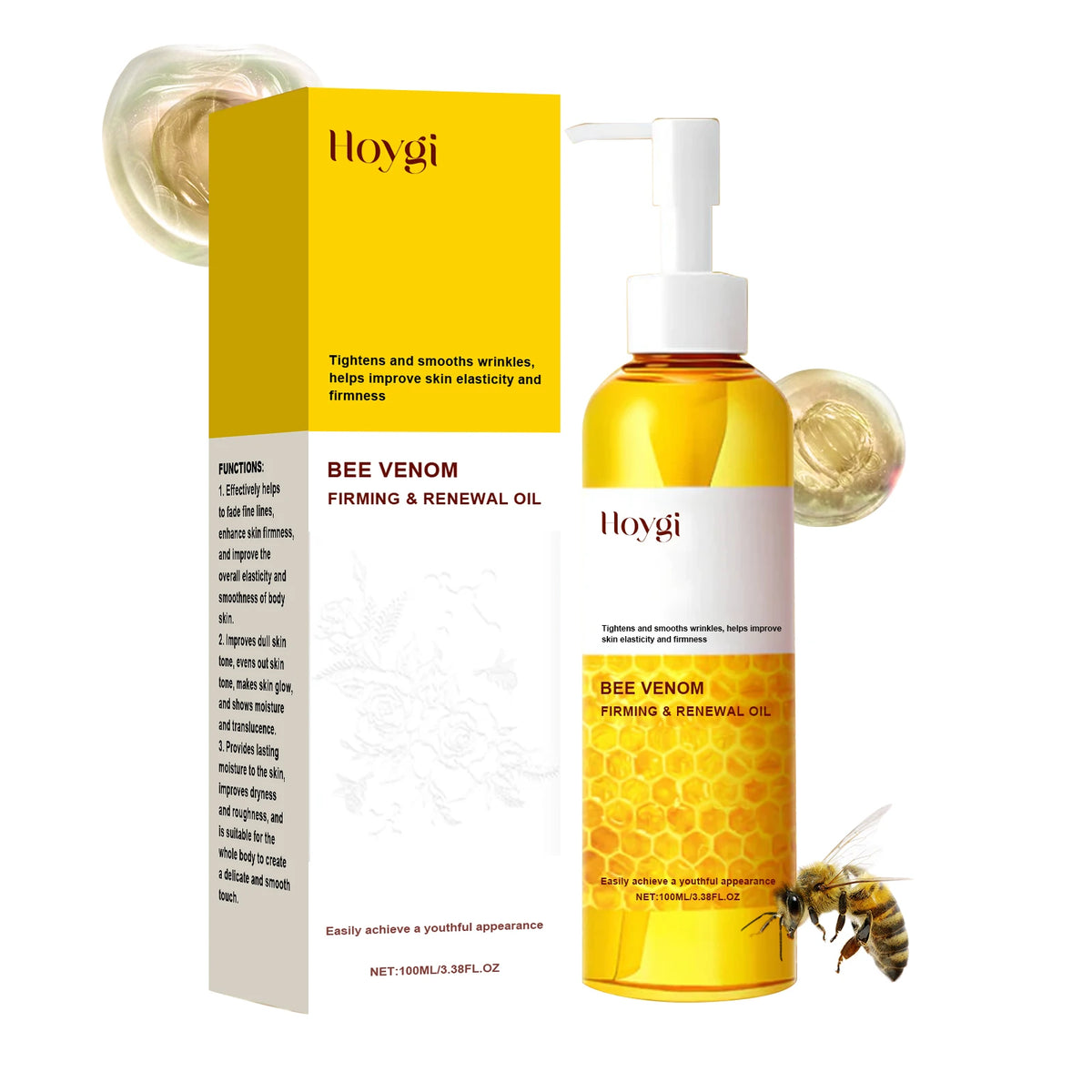 Hoygi Bee Venom Firming Body Oil with Collagen Boosting 24H Hydration & Fast Absorption for Sagging Skin & Stretch Marks Zpaxo 1PC