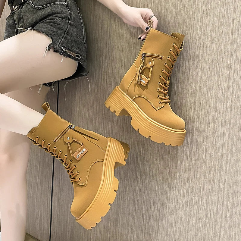 2023 Autumn Platform Mid-calf Boots Women Thick Sole Winter Leather Zpaxo