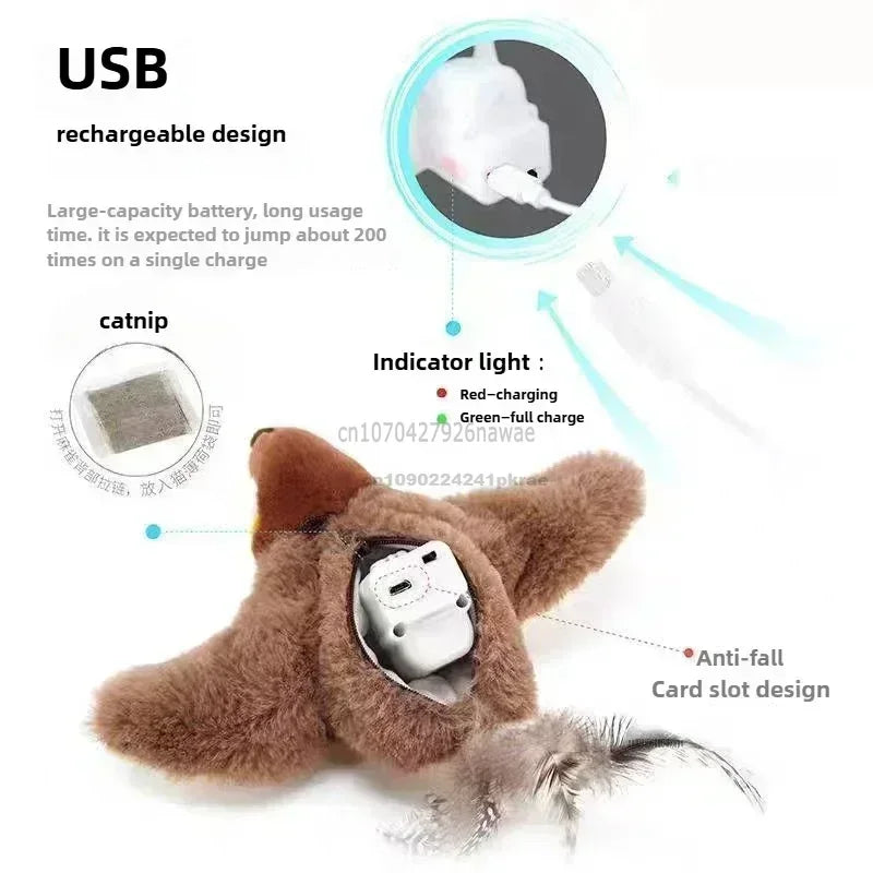 Interactive Cat Toys Rechargeable Electric Chirping Flapping Wings Bird with Catnip Cats Touch-Activated Squeaky Plush Toy Pet Zpaxo