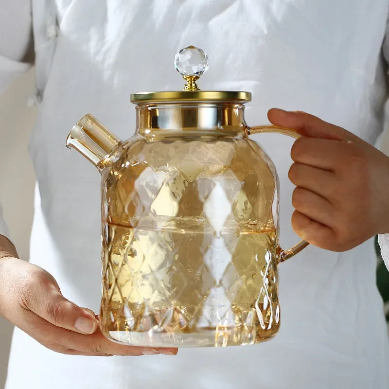 1/1.8L Glass Tea Kettle With Bamboo Lid And Removable Filter Spout Champagne Teapot For Loose Leaf Blooming Tea And Fruit Tea Zpaxo