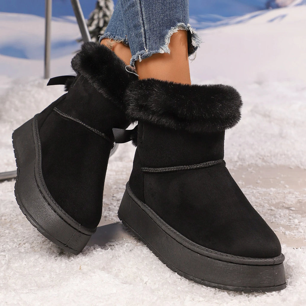 Fashionable Bow Round Toe Elegant Snow Boots Winter Flat Wear-resistant Comfortable Soft Students Plus Velvet Warm Women Shoes Zpaxo