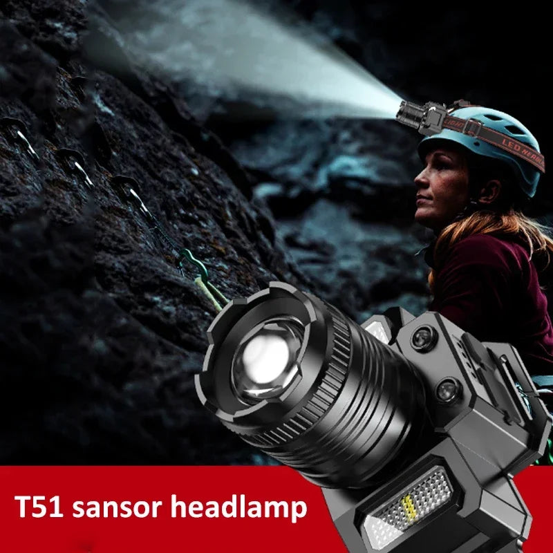 LED Induction Headlamp USB Rechargeable Zoomable Head Torch