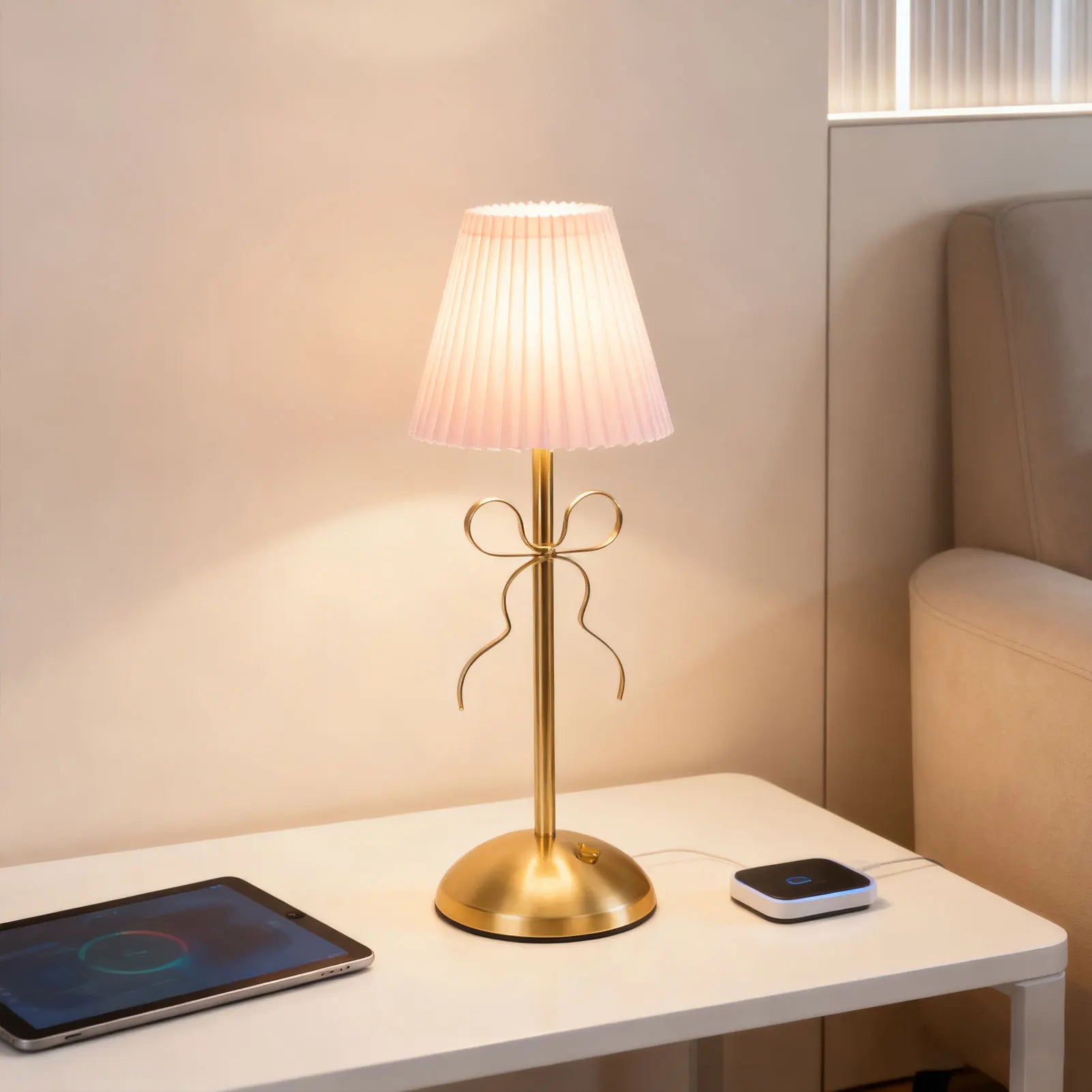 Bow Table Lamp Cute Decorative Rechargeable LED Fabric Shade Desk