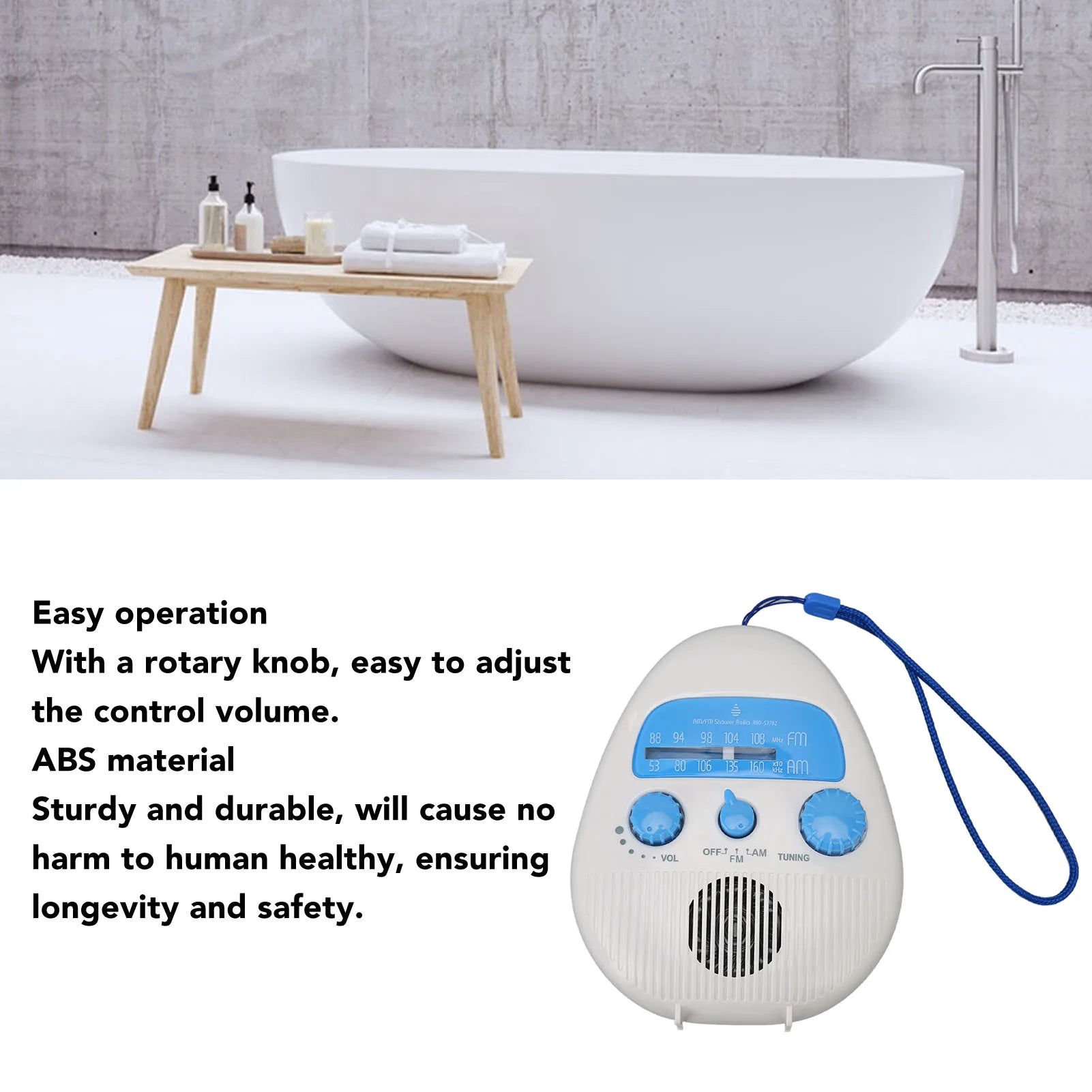 AM FM Shower Radio Waterproof Portable ABS Bathroom Built Speaker