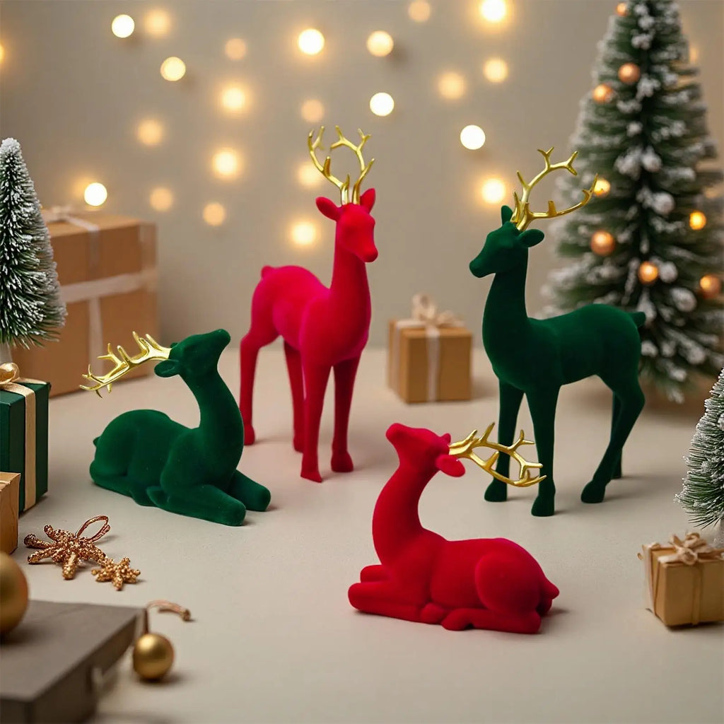 Reindeer Christmas Decor Flocking Deer Figures 2 Red Green Aesthetic