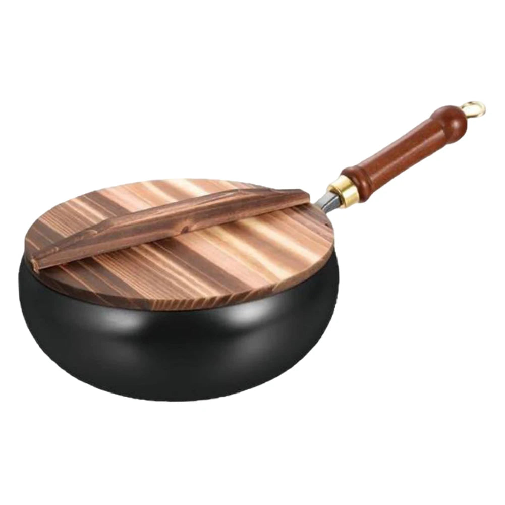 Handmade Forging Non-stick Pan 20 Household Stir Fry Stew Pot Flat Zpaxo 24cm with wooden lid