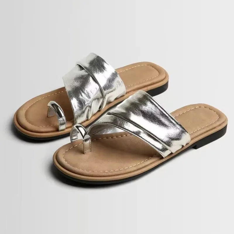 Women's Round Toe Loop Metal Buckle Embellishment Slippers Women Zpaxo Silver 39