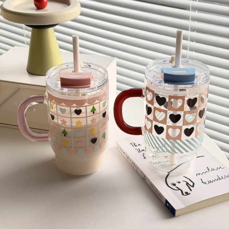 760ml Cute Large Capacity Handle Straw Cup, High Borosilicate Glass Cup, Summer Portable Double Drinking Household Handy Cup Zpaxo