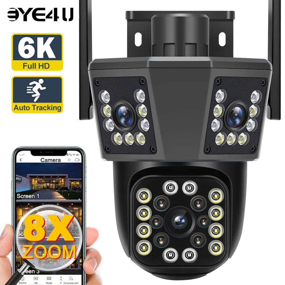6K 12MP WiFi Outdoor Camera 8X Zoom Three Len Ai Motion Tracking PTZ 4K Video Camera Security Protection Waterproof Surveillance Zpaxo